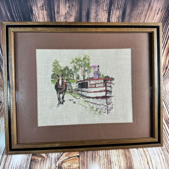 Handmade Other - Vintage Cross Stitch Horse Ferry Boat Trees Water Complete Framed Finished 15x12